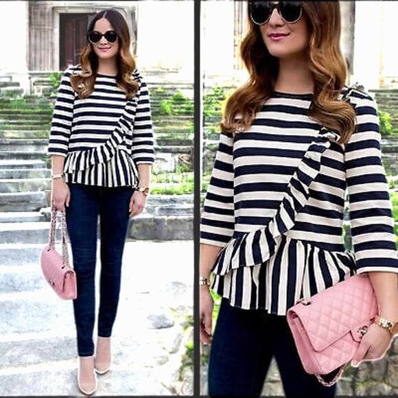 J. Crew Tops - J.Crew Striped Top Black and White Ruffle Size XS Nautical Preppy